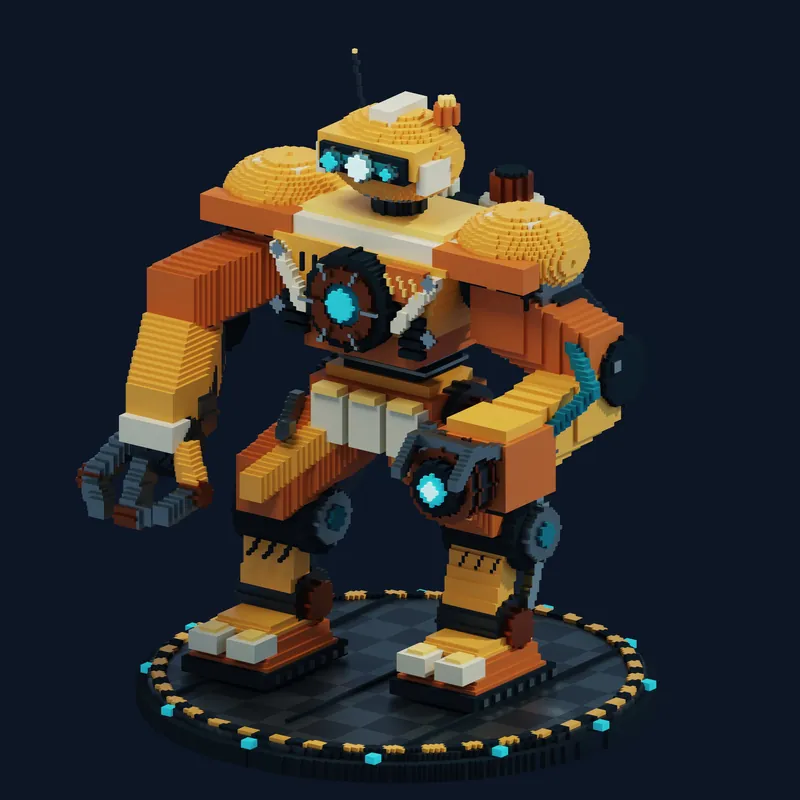 An orange industrial walker mech standing on a service platform.