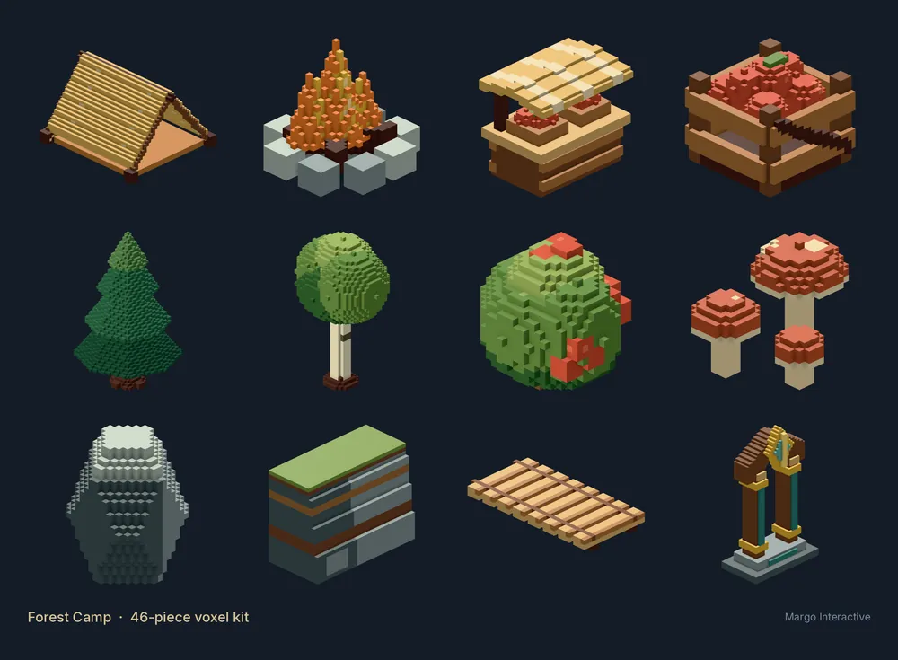 Twelve pieces from the Forest Camp voxel kit: a tent, campfire, berry stand, crate, pine, birch, berry bush, mushrooms, rock, cliff, plank bridge and totem.