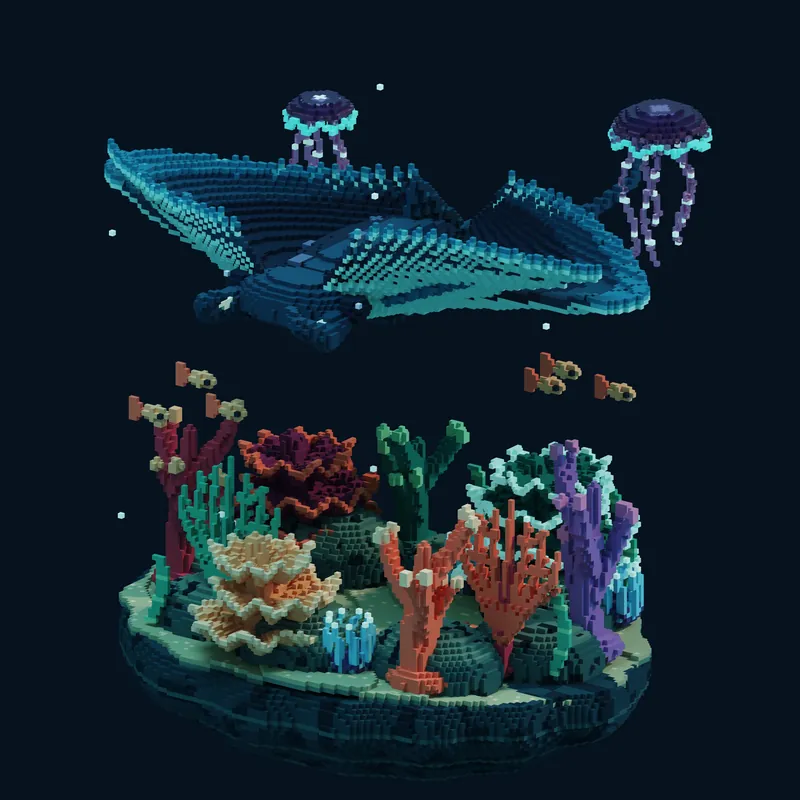 A coral reef diorama with a manta ray, jellyfish and a school of small fish.